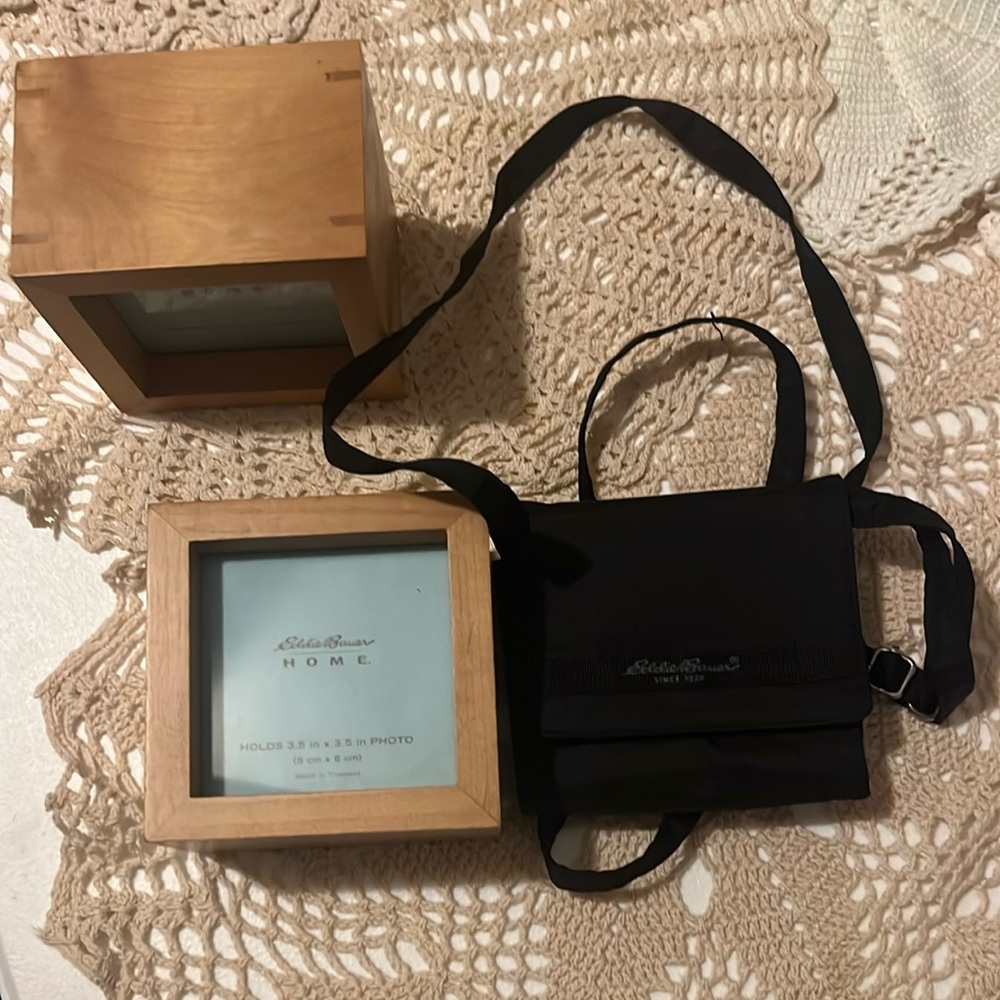 Eddie Bauer Bundle // Black Crossbody Bag & 2 Wooden Eddie Bauer 3.5 in Frames